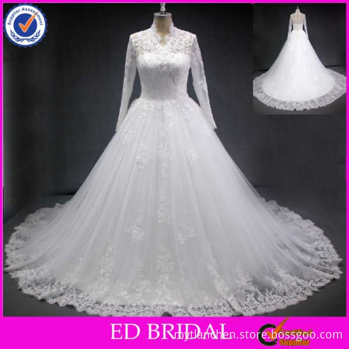 LN161 Elegant high neck lace appliqued long sleeve real sample muslim wedding gown